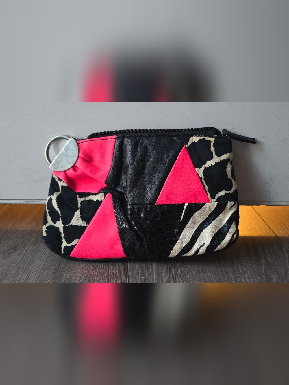 Mixed Animal Print Hot Pink Zip Clutch Wristlet Zebra Cow Croc O-Ring Y2K